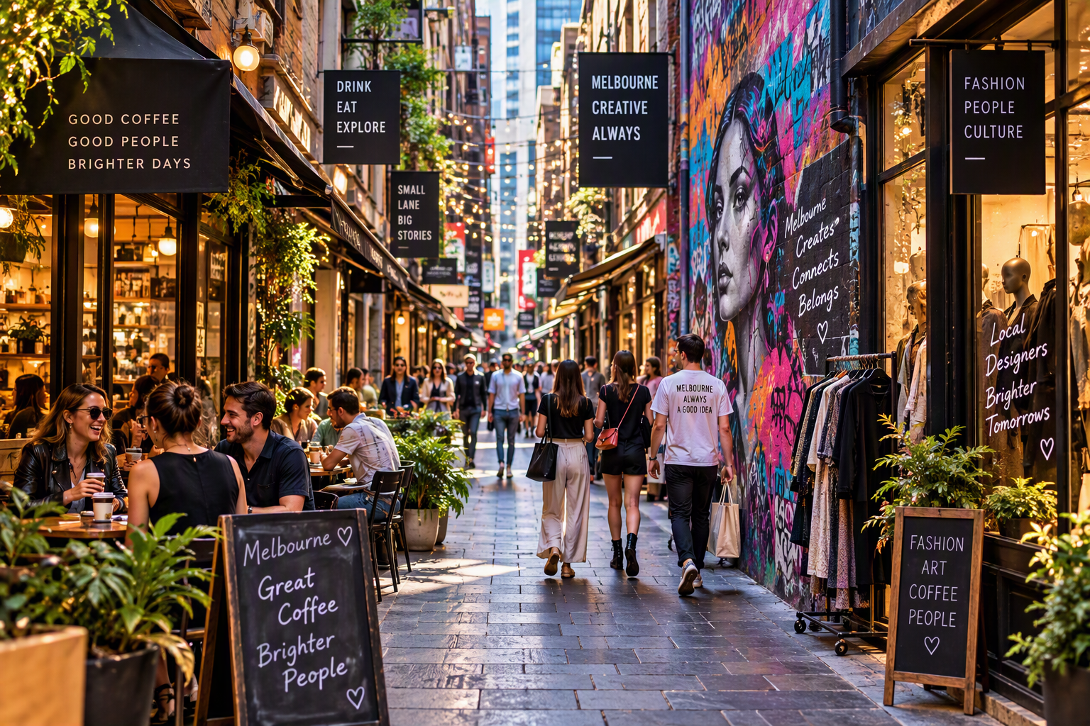 A vibrant Melbourne laneway filled with cafes, street art and local shops